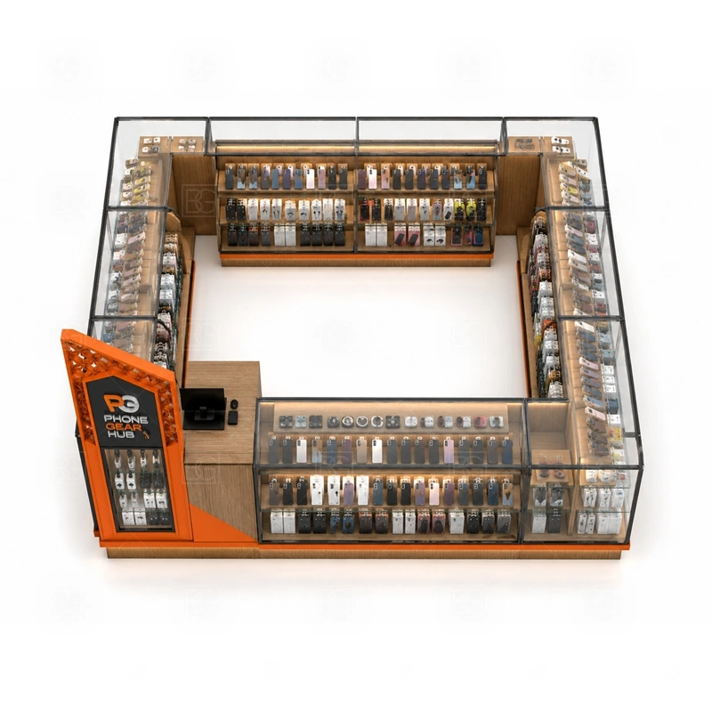 Shopping Mall Phone Accessories Kiosk Design storage detail for base cabinets, stock drawers, and hidden wiring placed within the approved kiosk footprint shown in the shopping mall phone accessories kiosk design product photos, with clear customer approach from the main mall walkway and quick staff access from the rear