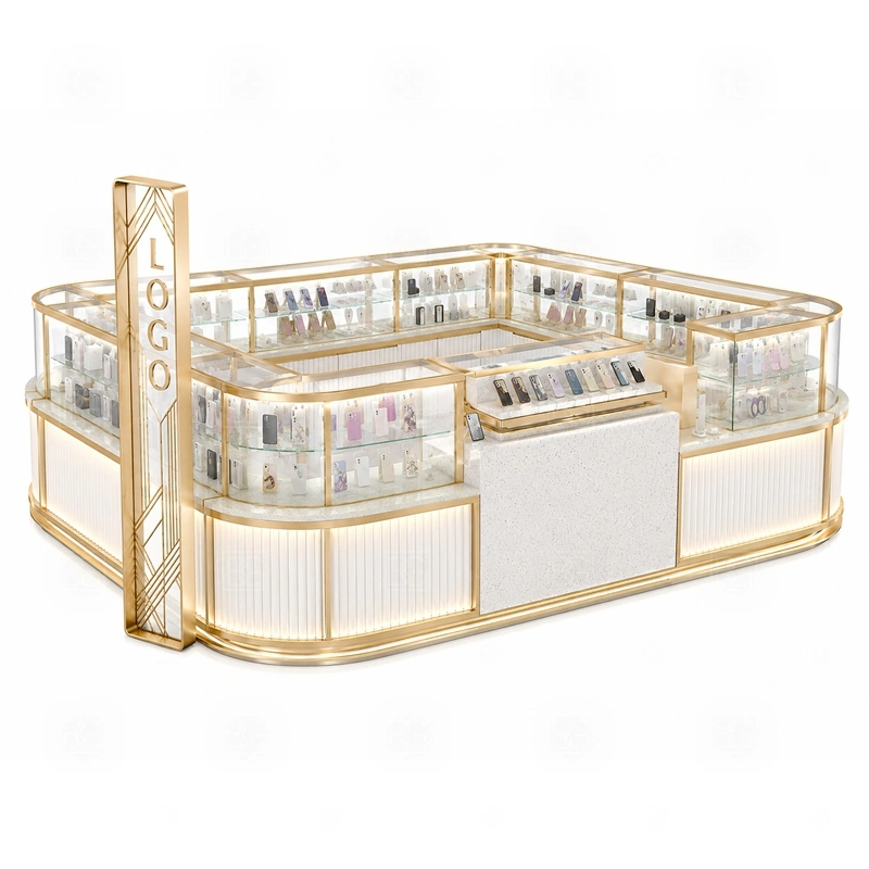 Shopping Mall Phone Case Kiosk and Accessories Display showing a front browsing zone supported by staff-side drawers and fast restocking access shown in the shopping mall phone case kiosk and accessories display product photos, with clear customer approach from the main mall walkway and quick staff access from the rear