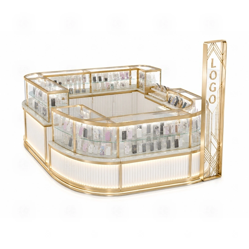 Shopping Mall Phone Case Kiosk and Accessories Display display detail for a wider accessory mix shown through wall panels, shelves, hooks, and front counter displays shown in the shopping mall phone case kiosk and accessories display product photos; the product photos also emphasize phone accessory displays, glass counters, and small product shelving