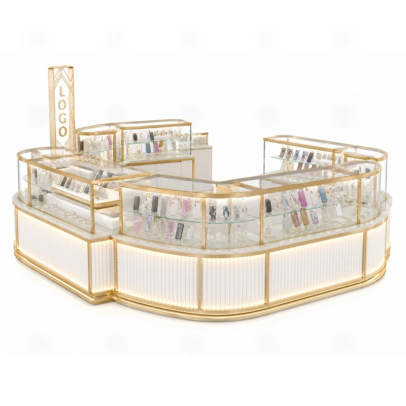 Shopping Mall Phone Case Kiosk and Accessories Display service area for quick product selection, checkout, packaging, and replenishment during walk-by traffic shown in the shopping mall phone case kiosk and accessories display product photos; the kiosk can follow repair service counter, device handoff area, and lockable tool storage