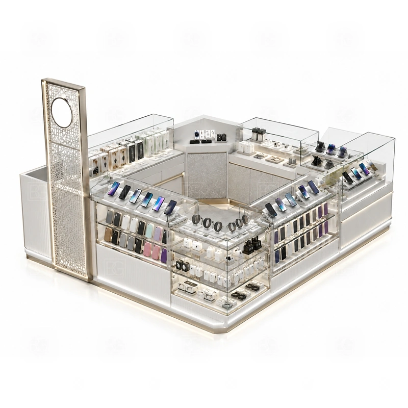 Turnkey Cell Phone Display Counter for Sale service area for sales, repair support, payment, packaging, and customer handoff planned before production starts shown in the turnkey cell phone display counter for sale product photos; the kiosk can follow repair service counter, device handoff area, and lockable tool storage