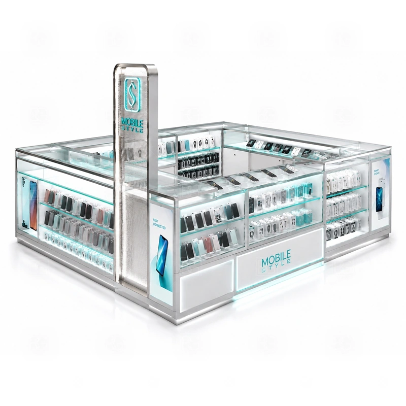 Turnkey Cellphone Accessories Kiosk Manufacturer display detail for ready-planned showcases, wall displays, accessory zones, and front counters based on the intended product mix shown in the turnkey cellphone accessories kiosk manufacturer product photos; the product photos also emphasize phone accessory displays, glass counters, and small product shelving