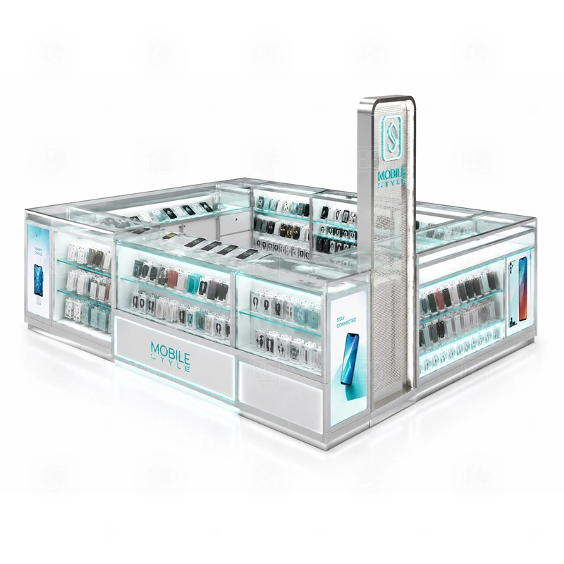 Turnkey Cellphone Accessories Kiosk Manufacturer service area for sales, repair support, payment, packaging, and customer handoff planned before production starts shown in the turnkey cellphone accessories kiosk manufacturer product photos; the kiosk can follow repair service counter, device handoff area, and lockable tool storage
