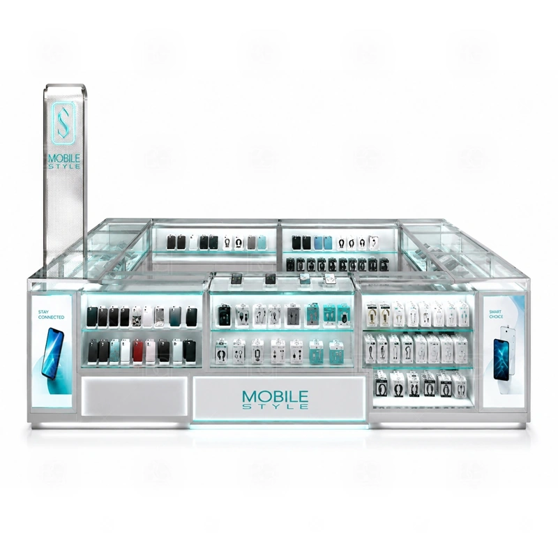 Turnkey Cellphone Accessories Kiosk Manufacturer signage detail with logo, lighting, color, front graphics, and sign details prepared as part of the same project shown in the turnkey cellphone accessories kiosk manufacturer product photos; this page also uses custom logo signage and brand color presentation