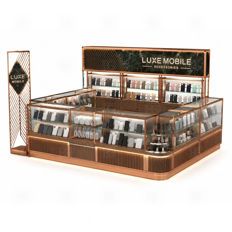 Turnkey Mobile Accessories Kiosk with Logo Tower with a turnkey phone kiosk package with display, service, branding, storage, and export packing considered together shown in the turnkey mobile accessories kiosk with logo tower product photos for mobile accessory retail and small electronics display