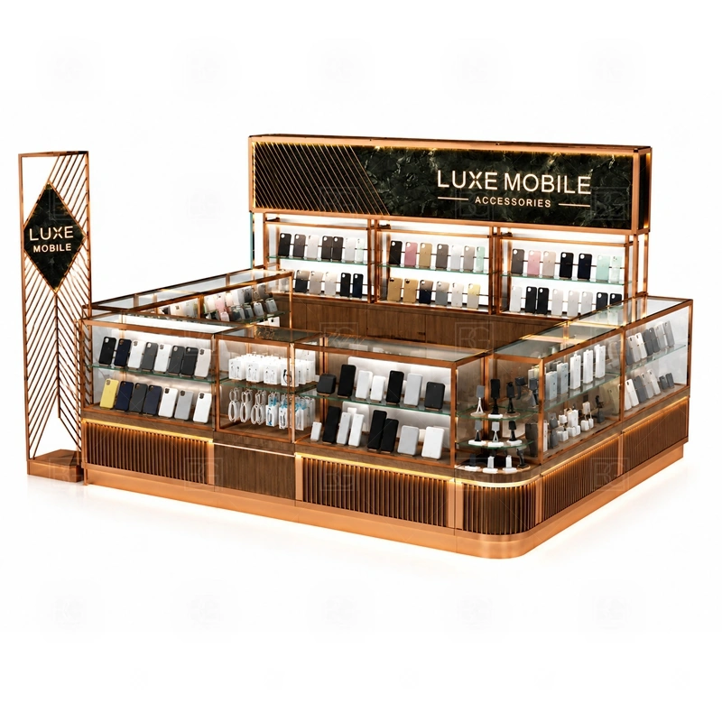 Turnkey Mobile Accessories Kiosk with Logo Tower showing a complete layout package that connects display areas, service counters, checkout, storage, and installation sections shown in the turnkey mobile accessories kiosk with logo tower product photos, with separate zones for browsing, payment, stock refill, and product consultation