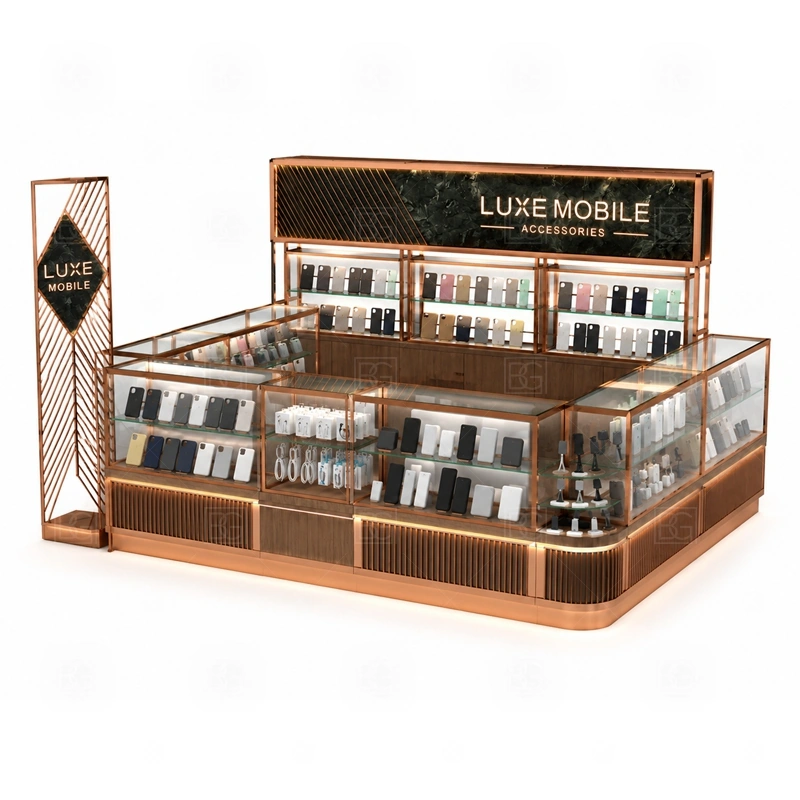 Turnkey Mobile Accessories Kiosk with Logo Tower display detail for ready-planned showcases, wall displays, accessory zones, and front counters based on the intended product mix shown in the turnkey mobile accessories kiosk with logo tower product photos; the product photos also emphasize tempered glass showcases and visible accessory display zones