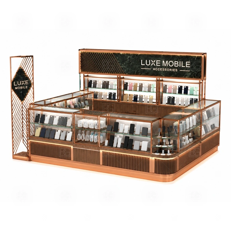 Turnkey Mobile Accessories Kiosk with Logo Tower service area for sales, repair support, payment, packaging, and customer handoff planned before production starts shown in the turnkey mobile accessories kiosk with logo tower product photos; the kiosk can follow cashier counter, POS area, customer service opening, and storage planning