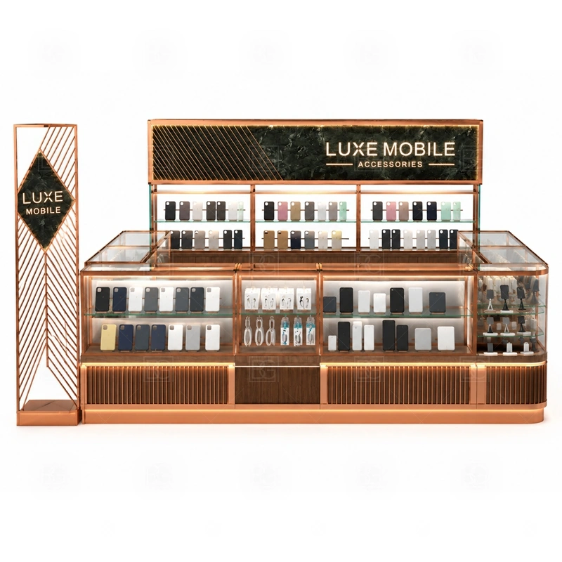 Turnkey Mobile Accessories Kiosk with Logo Tower signage detail with a taller logo tower, vertical brand panel, and lighted identity zone for long-distance visibility shown in the turnkey mobile accessories kiosk with logo tower product photos; this page also uses tall logo tower and LED brand lighting