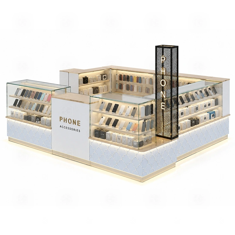 Turnkey Phone Case Kiosk Design with a phone-case merchandising kiosk with strong wall display, case browsing zones, and focused accessory counters shown in the turnkey phone case kiosk design product photos for phone case merchandising and accessory add-on sales