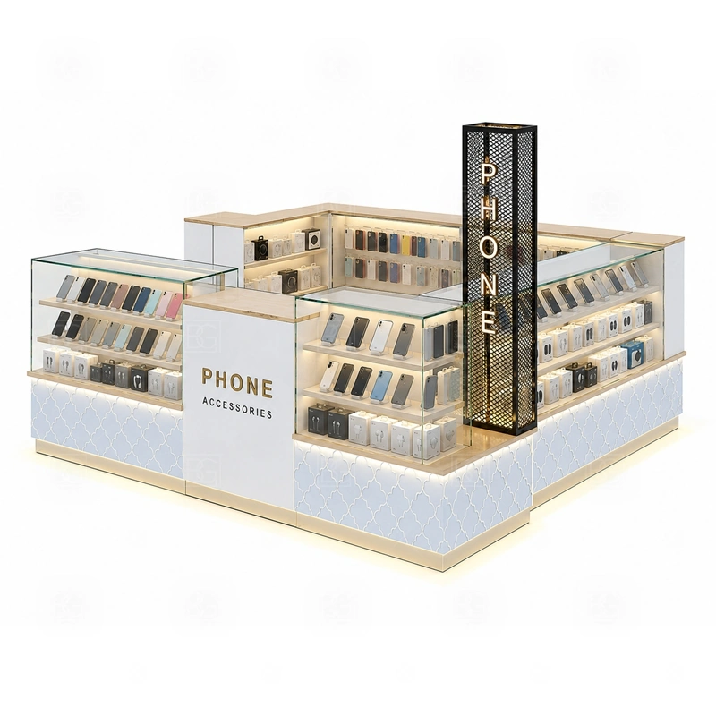 Turnkey Phone Case Kiosk Design showing a browsing-first plan that keeps case walls visible while checkout and storage stay close to staff shown in the turnkey phone case kiosk design product photos, with a customer side that stays visually tidy even when staff are restocking or packing orders