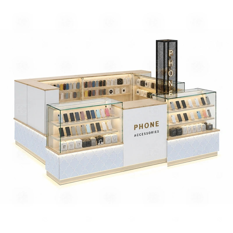 Turnkey Phone Case Kiosk Design display detail for phone cases grouped by model, color, material, and price level with add-on accessories nearby shown in the turnkey phone case kiosk design product photos; the product photos also emphasize tempered glass showcases and visible accessory display zones