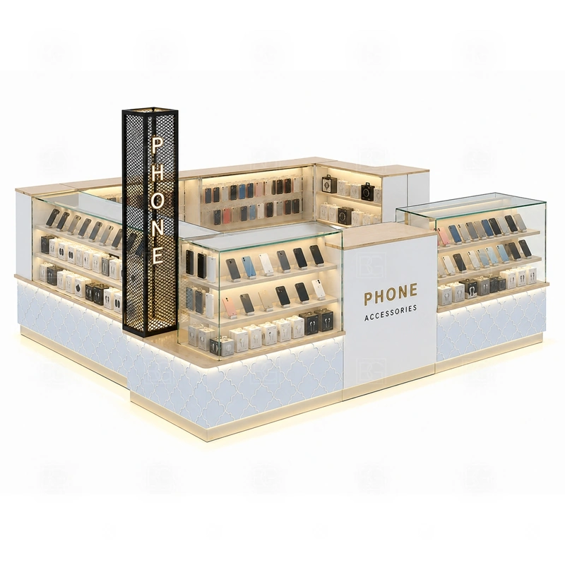 Turnkey Phone Case Kiosk Design service area for case selection help, screen protector recommendation, checkout, packing, and quick add-on selling shown in the turnkey phone case kiosk design product photos; the kiosk can follow cashier counter, POS area, customer service opening, and storage planning