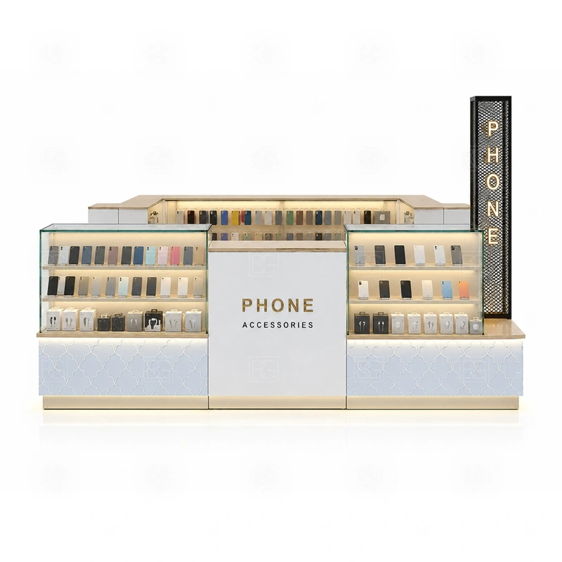 Turnkey Phone Case Kiosk Design signage detail with case-category signs, logo panels, and lighted front graphics that make the product range easy to read shown in the turnkey phone case kiosk design product photos; this page also uses custom logo signage and brand color presentation