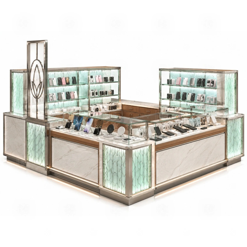 Turnkey Retail Phone Kiosk and Accessories Display with an accessory-focused kiosk with dense wall merchandising, glass counter protection, and quick-browse front shelves shown in the turnkey retail phone kiosk and accessories display product photos for mobile accessory retail and small electronics display