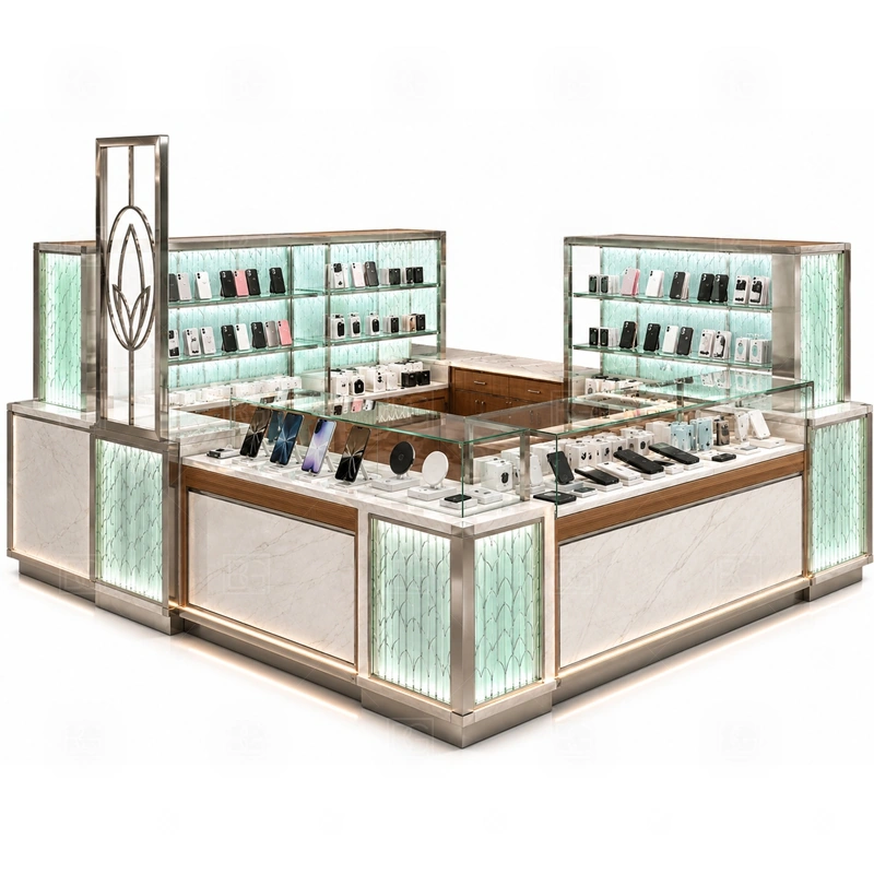 Turnkey Retail Phone Kiosk and Accessories Display showing a front browsing zone supported by staff-side drawers and fast restocking access shown in the turnkey retail phone kiosk and accessories display product photos, with clear customer approach from the main mall walkway and quick staff access from the rear