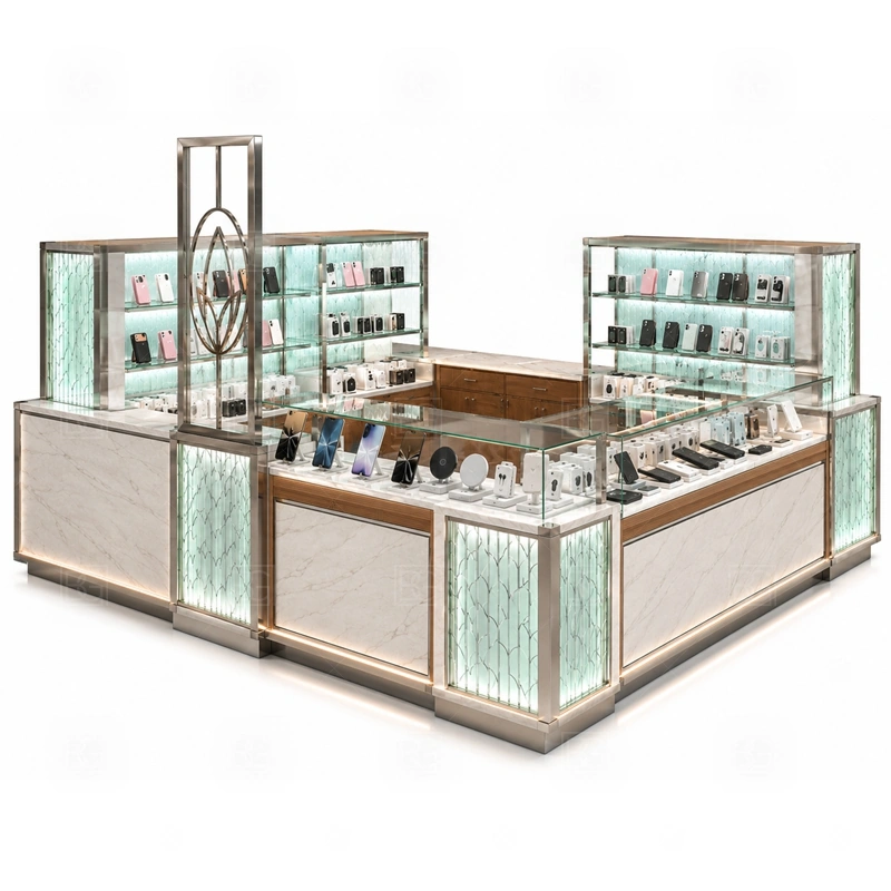 Turnkey Retail Phone Kiosk and Accessories Display display detail for a wider accessory mix shown through wall panels, shelves, hooks, and front counter displays shown in the turnkey retail phone kiosk and accessories display product photos; the product photos also emphasize tempered glass showcases and visible accessory display zones
