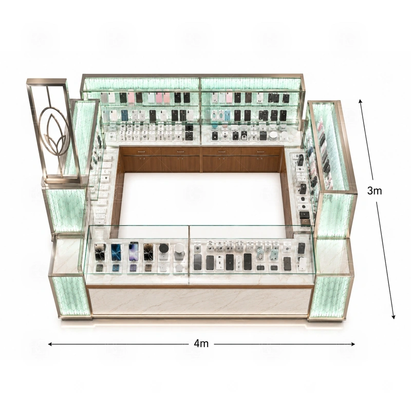 Turnkey Retail Phone Kiosk and Accessories Display storage detail for divided lower cabinets for high-turnover cases, cables, protectors, and spare display stock shown in the turnkey retail phone kiosk and accessories display product photos, with a layout that can be checked against lease drawings before production begins