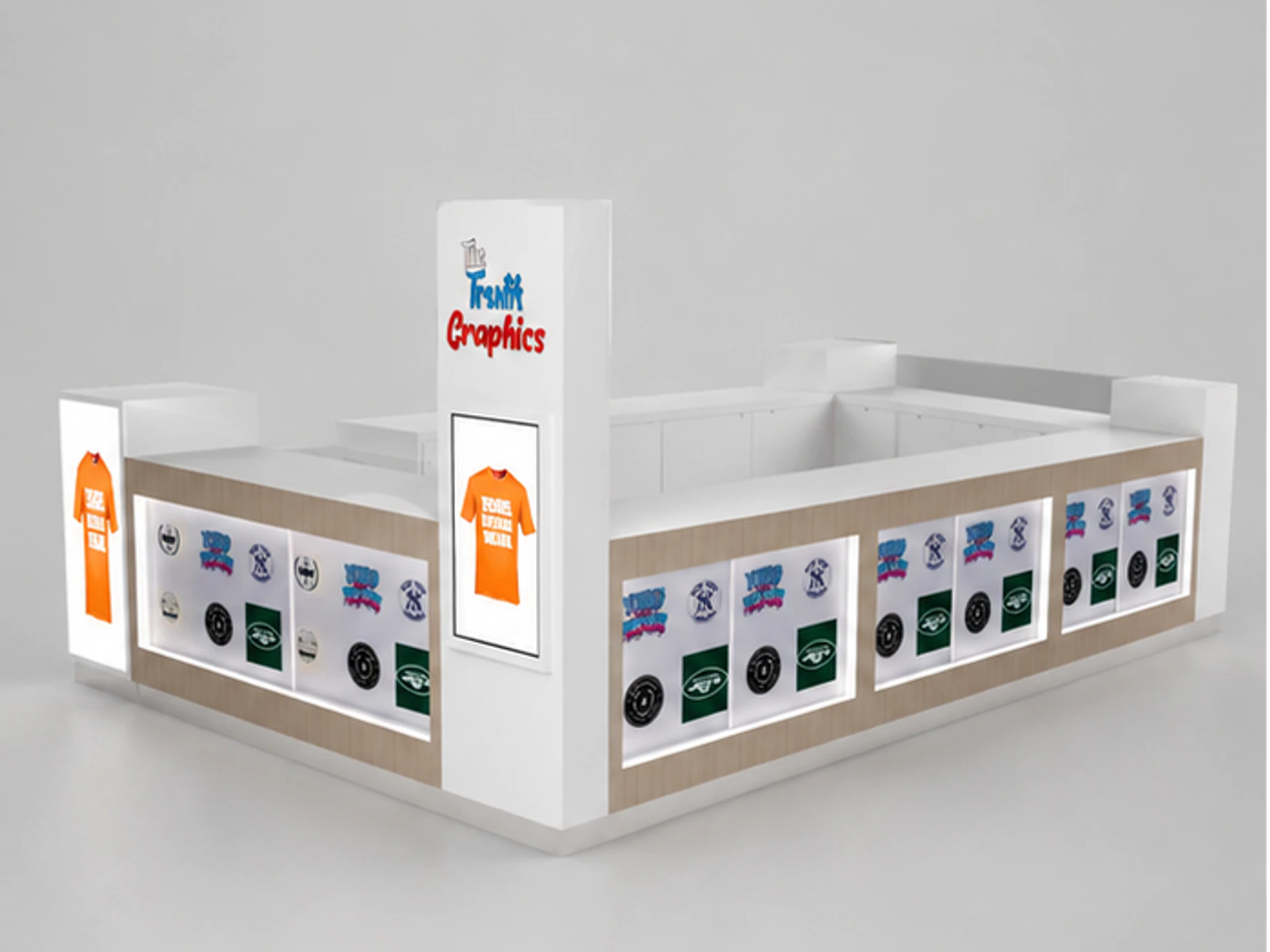15ft by 12ft custom T-shirt printing kiosk mall T-shirt counter for sale main mall-facing view