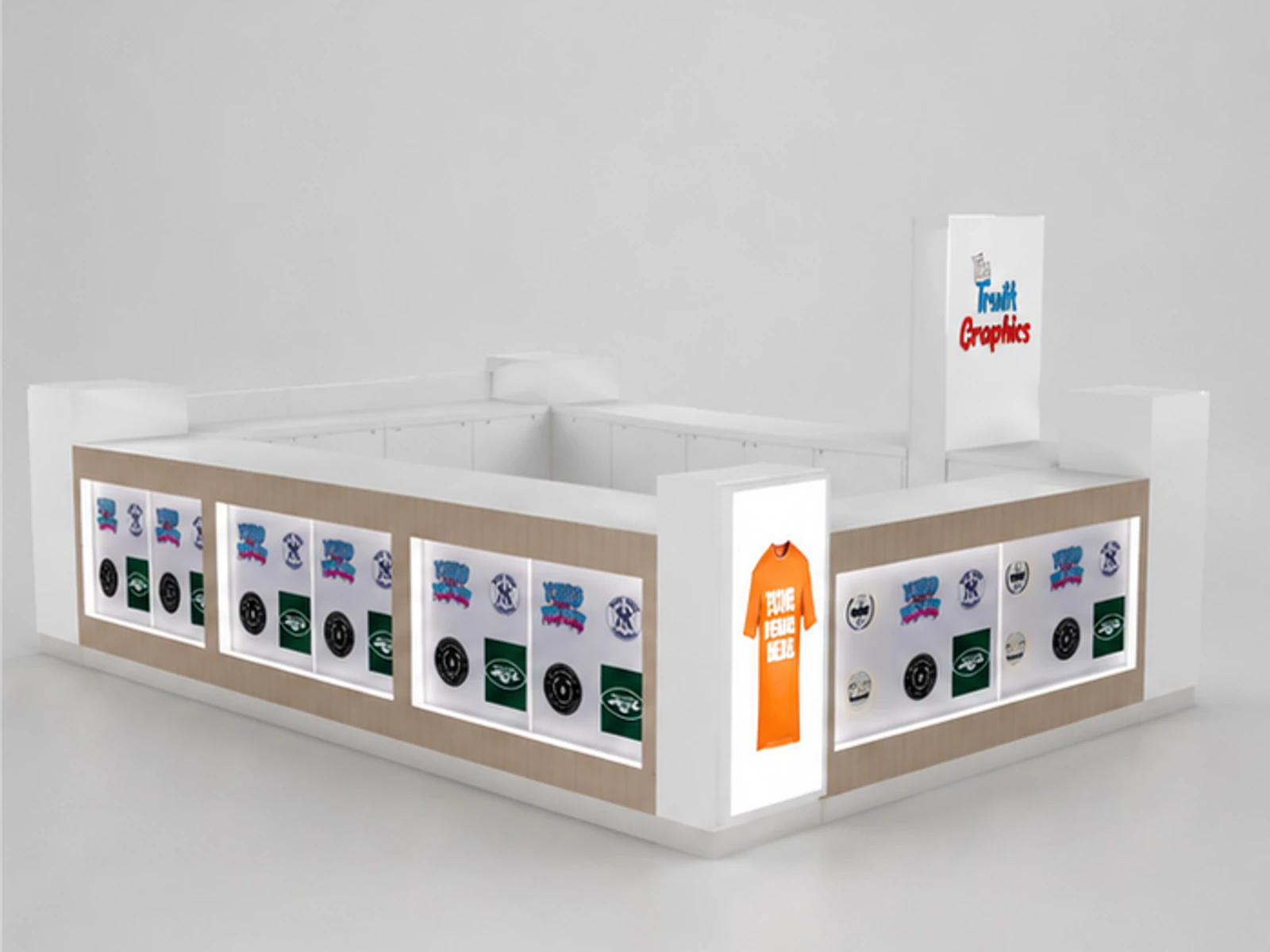 15ft by 12ft custom T-shirt printing kiosk mall T-shirt counter for sale angled clothing display view