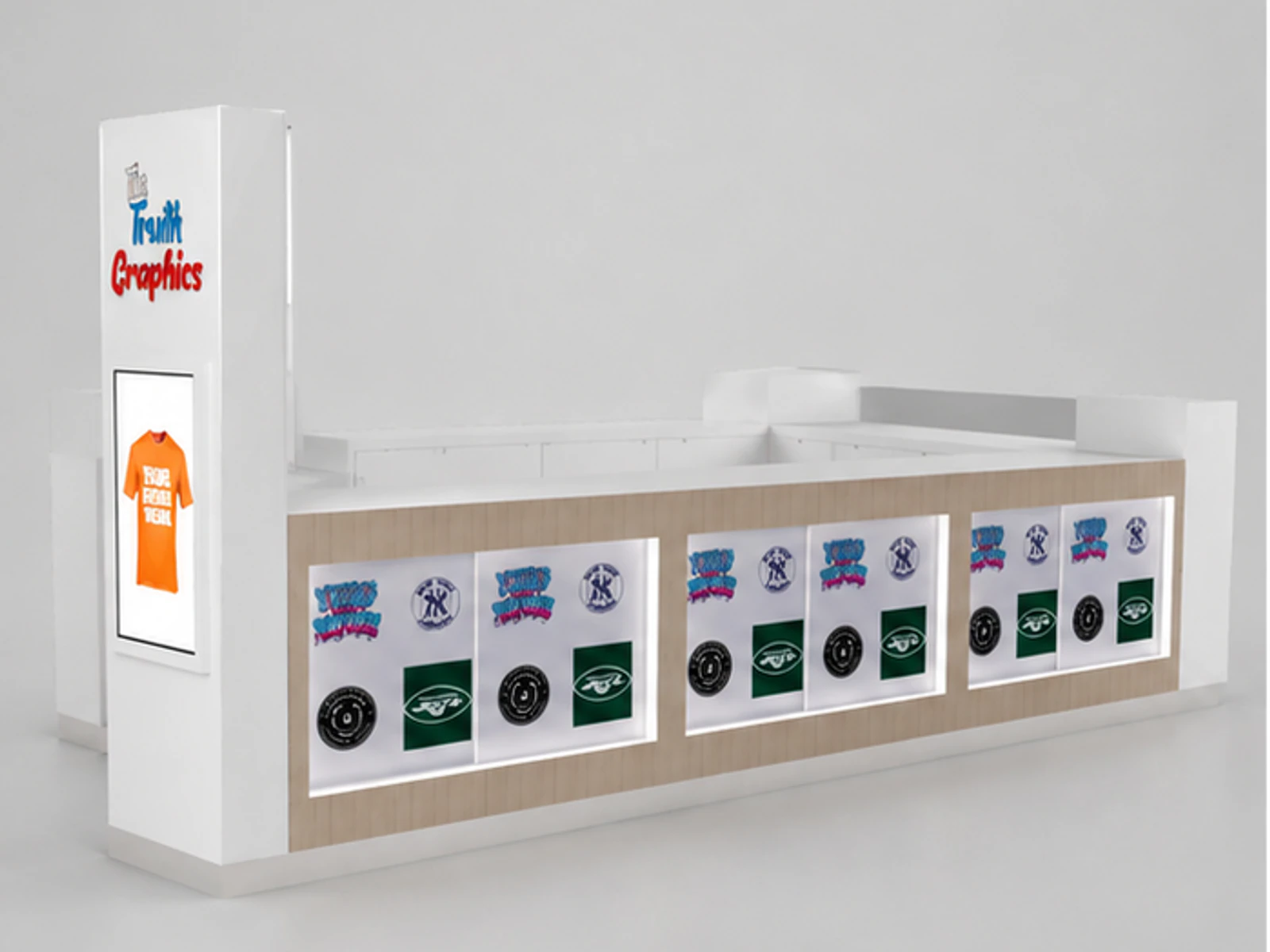 15ft by 12ft custom T-shirt printing kiosk mall T-shirt counter for sale garment rails and shelving view