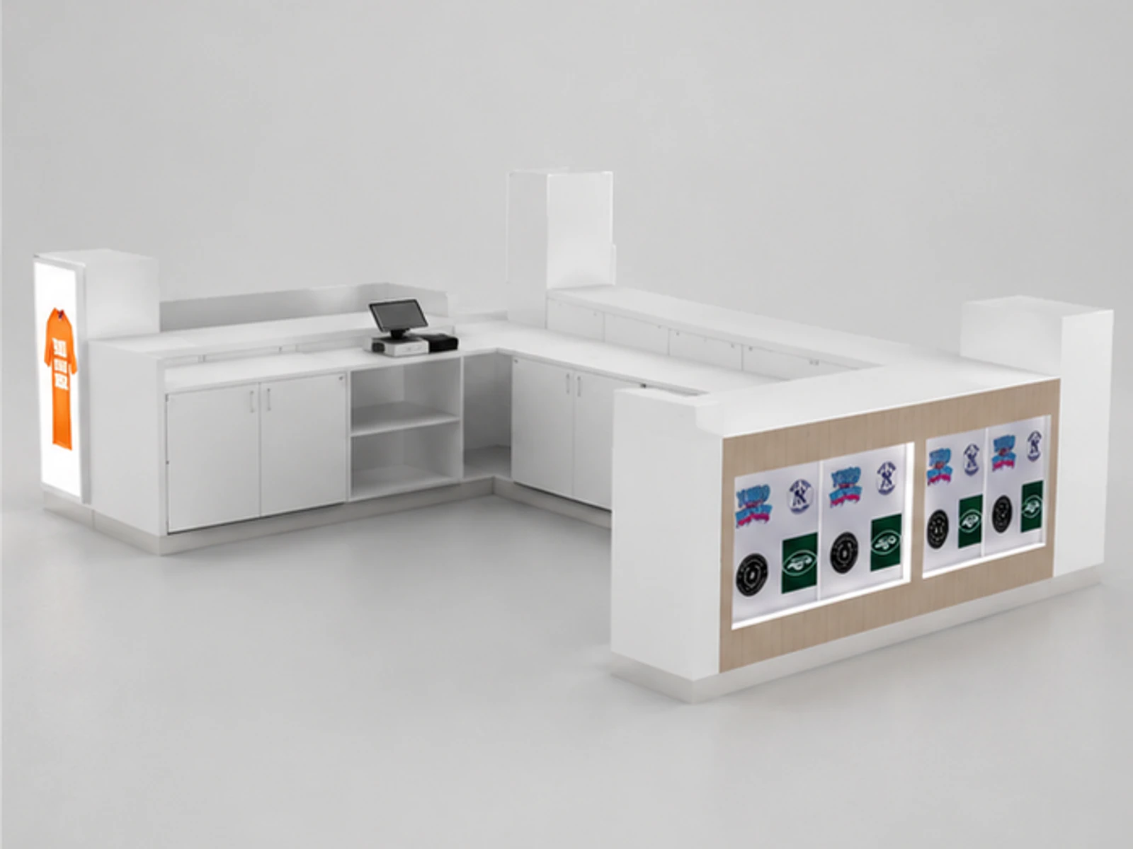 15ft by 12ft custom T-shirt printing kiosk mall T-shirt counter for sale staff storage and checkout detail