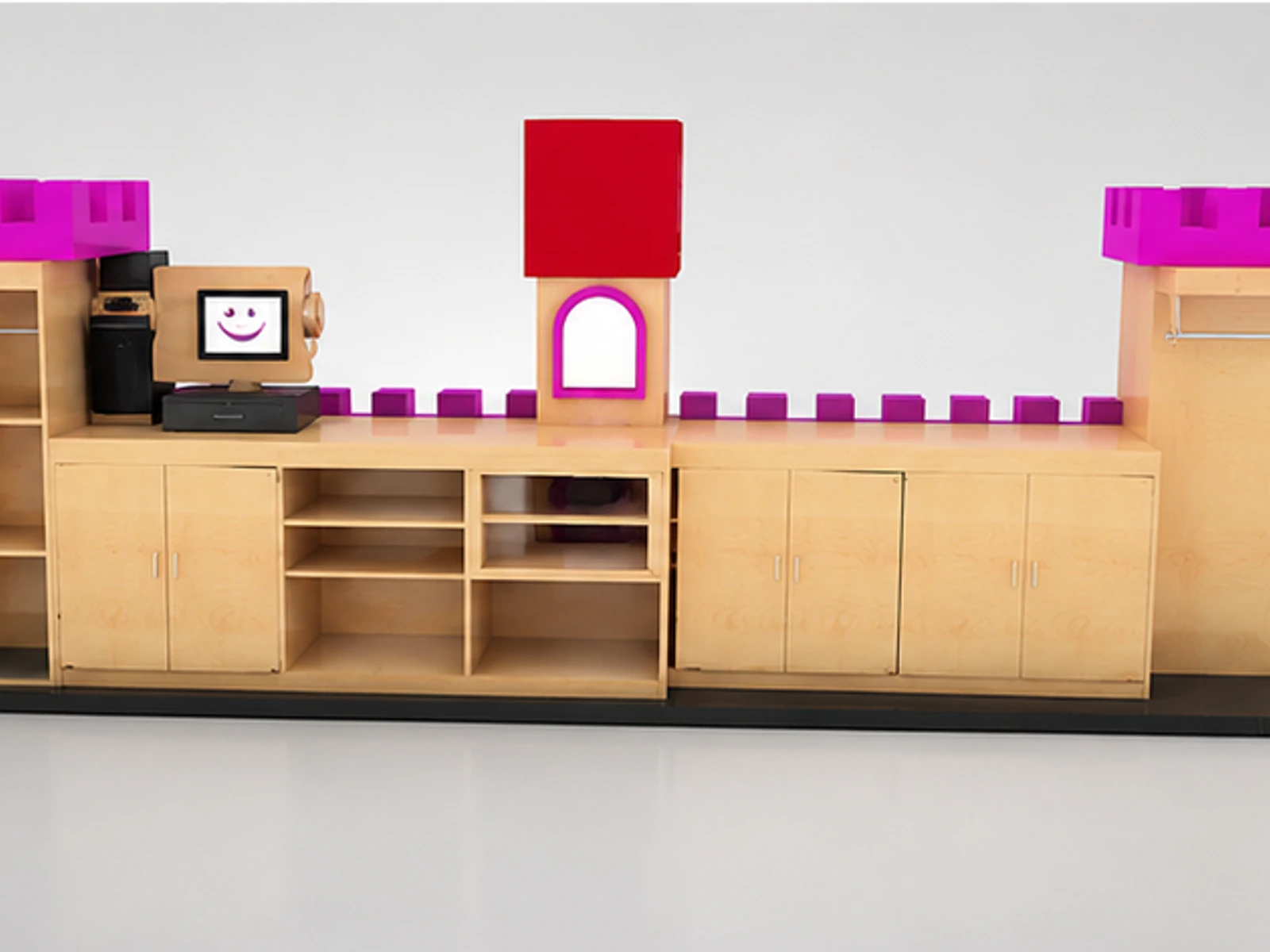 5m by 2m fantastic kids clothes display stand children clothes display kiosk for sale staff storage and checkout detail