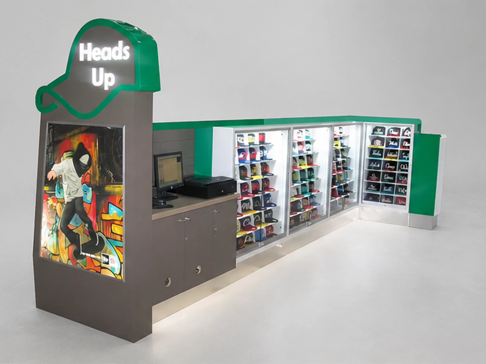 Amazing hats display kiosk cups display cabinet design with nice led lights used in mall main mall-facing view