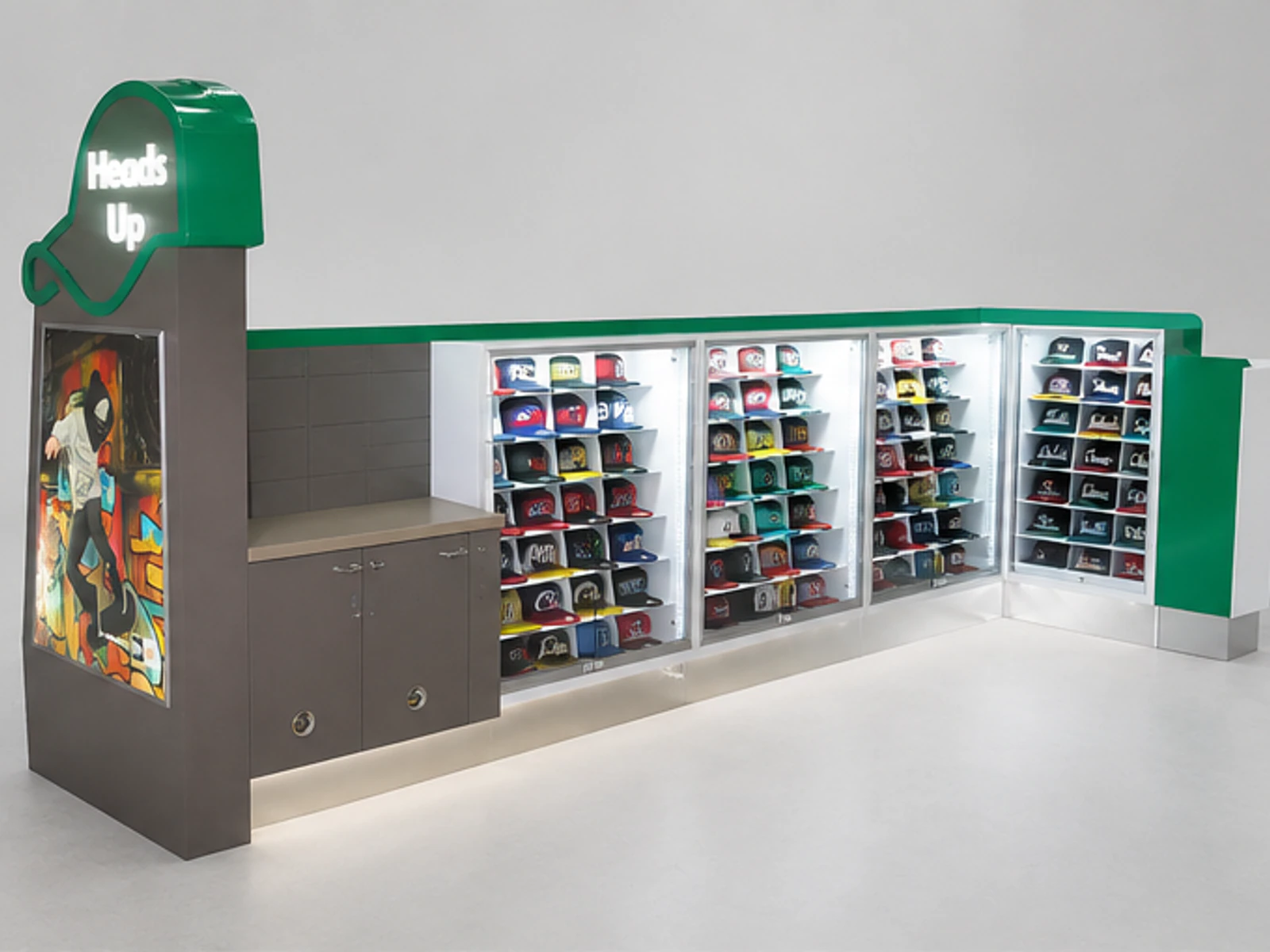 Amazing hats display kiosk cups display cabinet design with nice led lights used in mall angled clothing display view