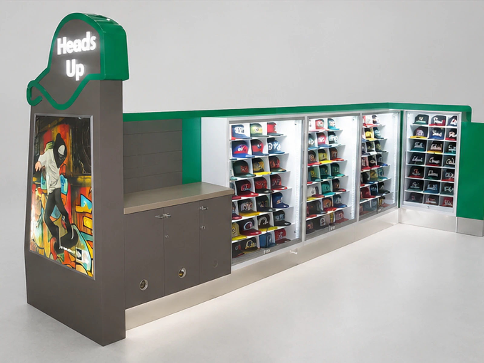 Amazing hats display kiosk cups display cabinet design with nice led lights used in mall garment rails and shelving view