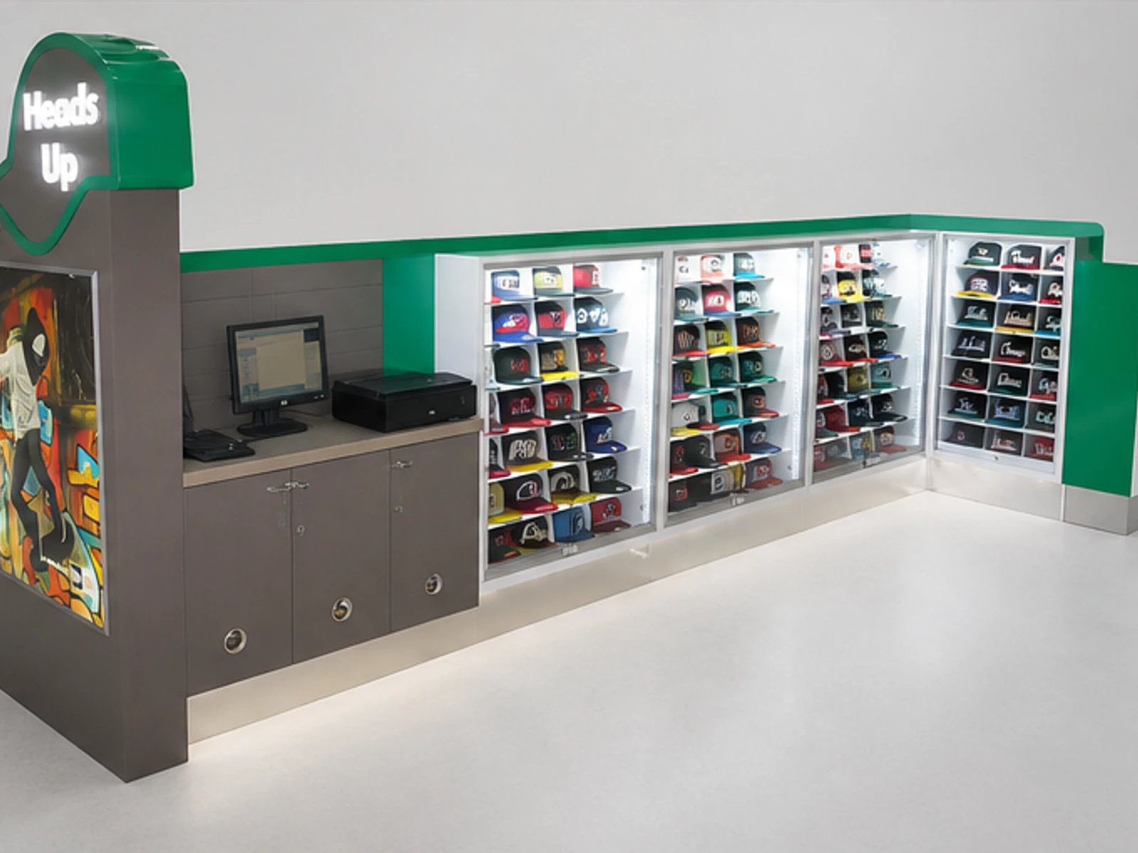 Amazing hats display kiosk cups display cabinet design with nice led lights used in mall staff storage and checkout detail