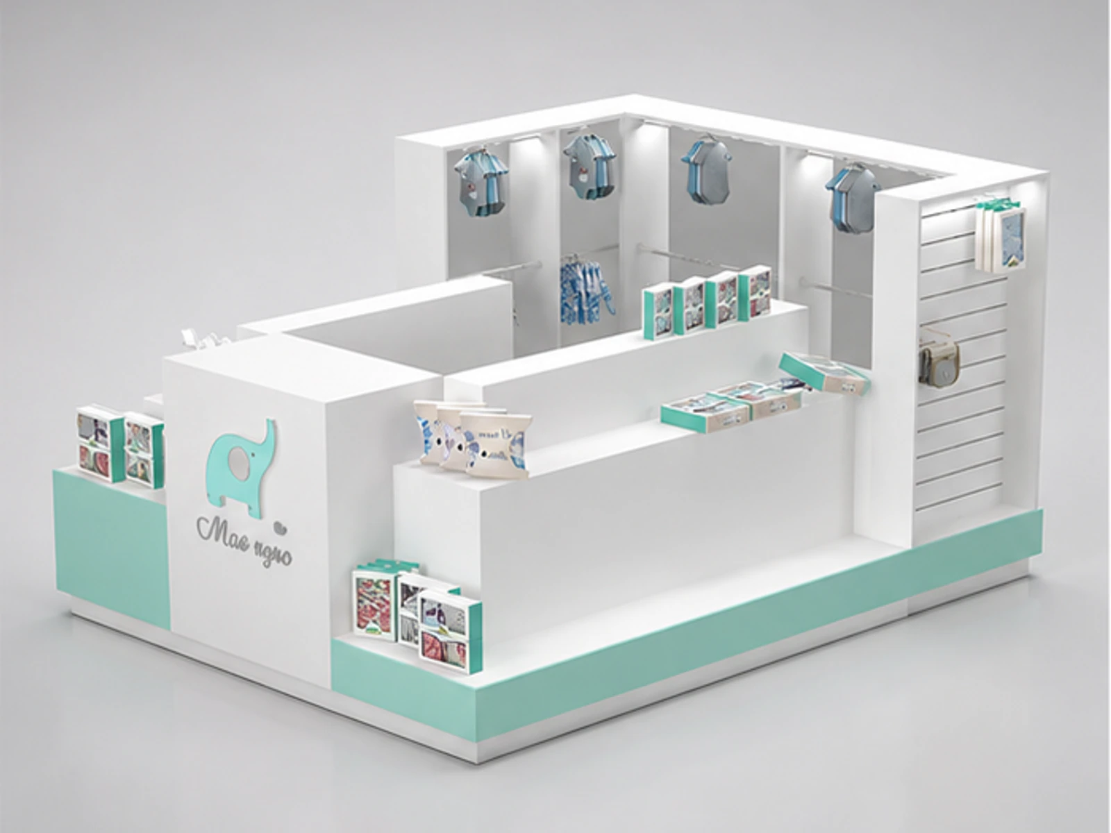 Baby Clothing Kiosk Baby Clothes Showcase Custom Suits Baby Display Counter main mall-facing view