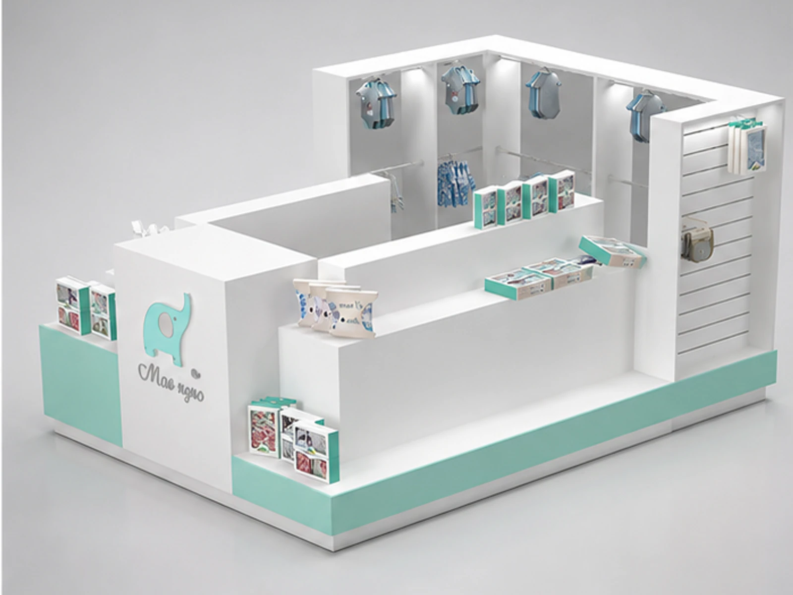 Baby Clothing Kiosk Baby Clothes Showcase Custom Suits Baby Display Counter angled clothing display view