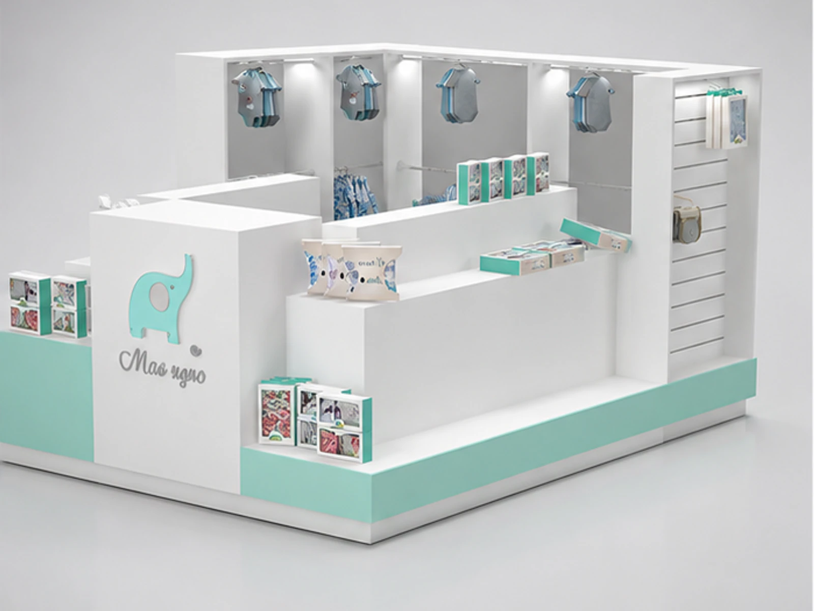 Baby Clothing Kiosk Baby Clothes Showcase Custom Suits Baby Display Counter garment rails and shelving view