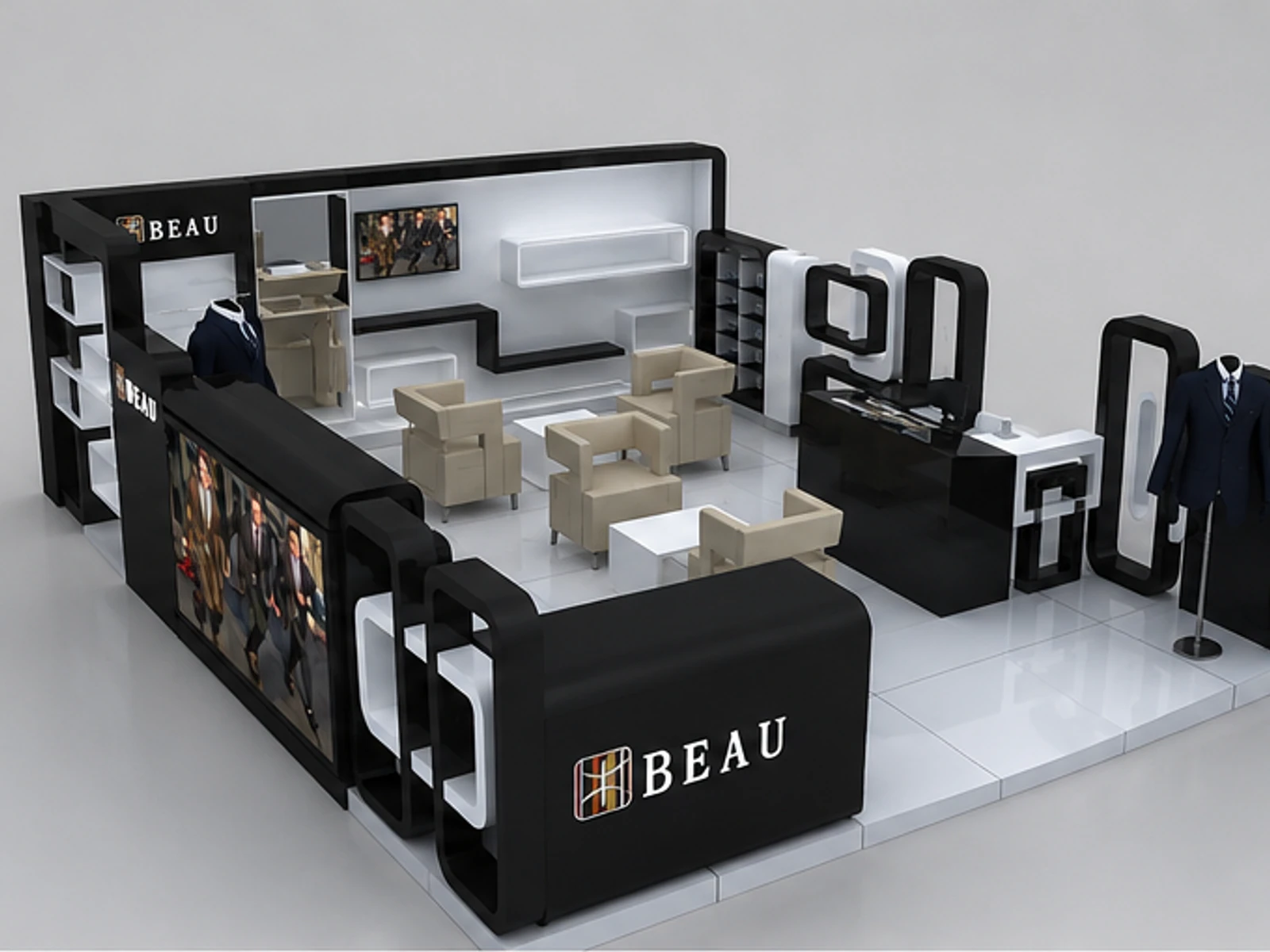 Black and White Men's Clothing Store in the Mall | Custom Retail Suit Cabinet Wooden Display Rack for Sale main mall-facing view