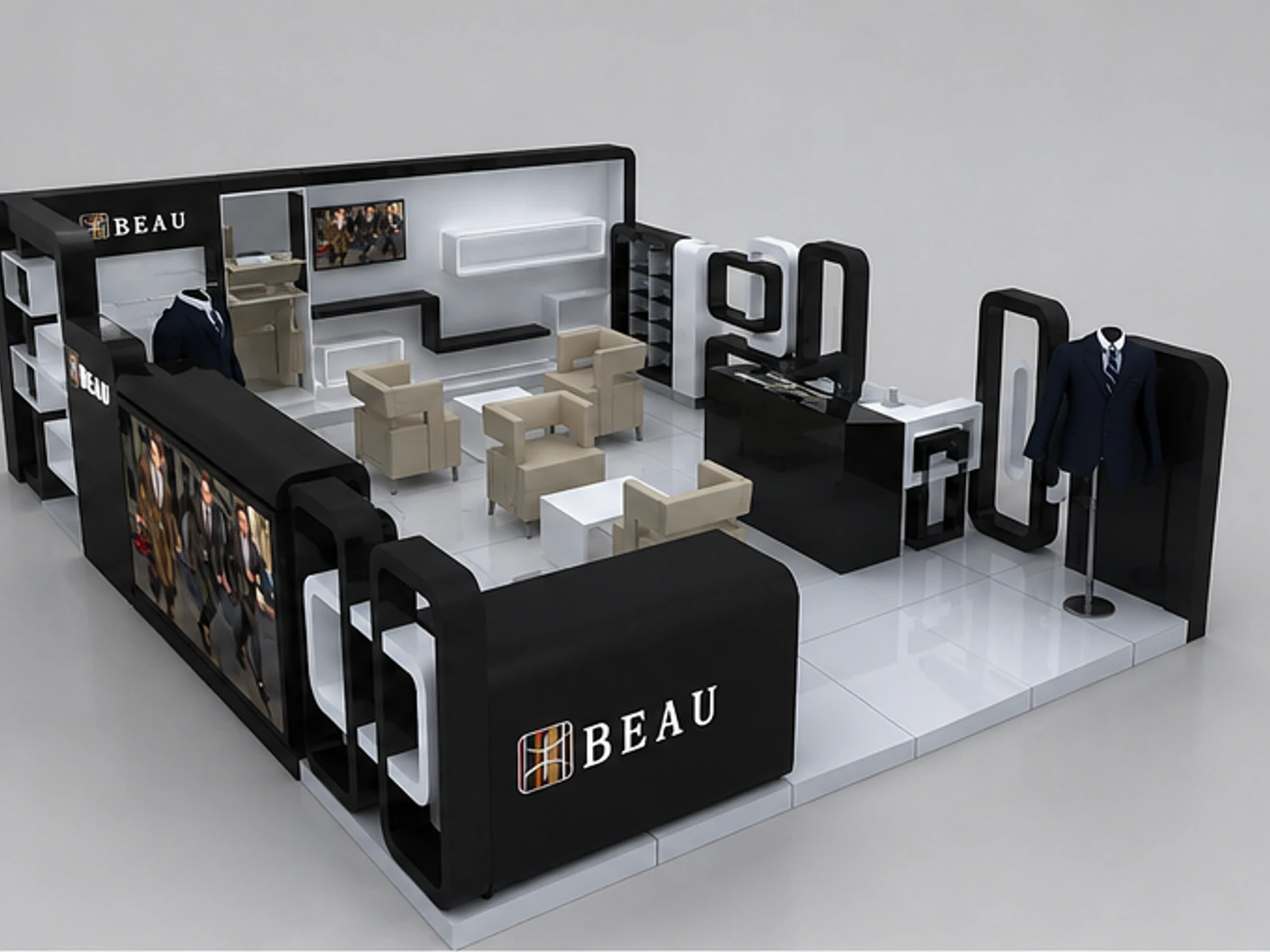 Black and White Men's Clothing Store in the Mall | Custom Retail Suit Cabinet Wooden Display Rack for Sale angled clothing display view