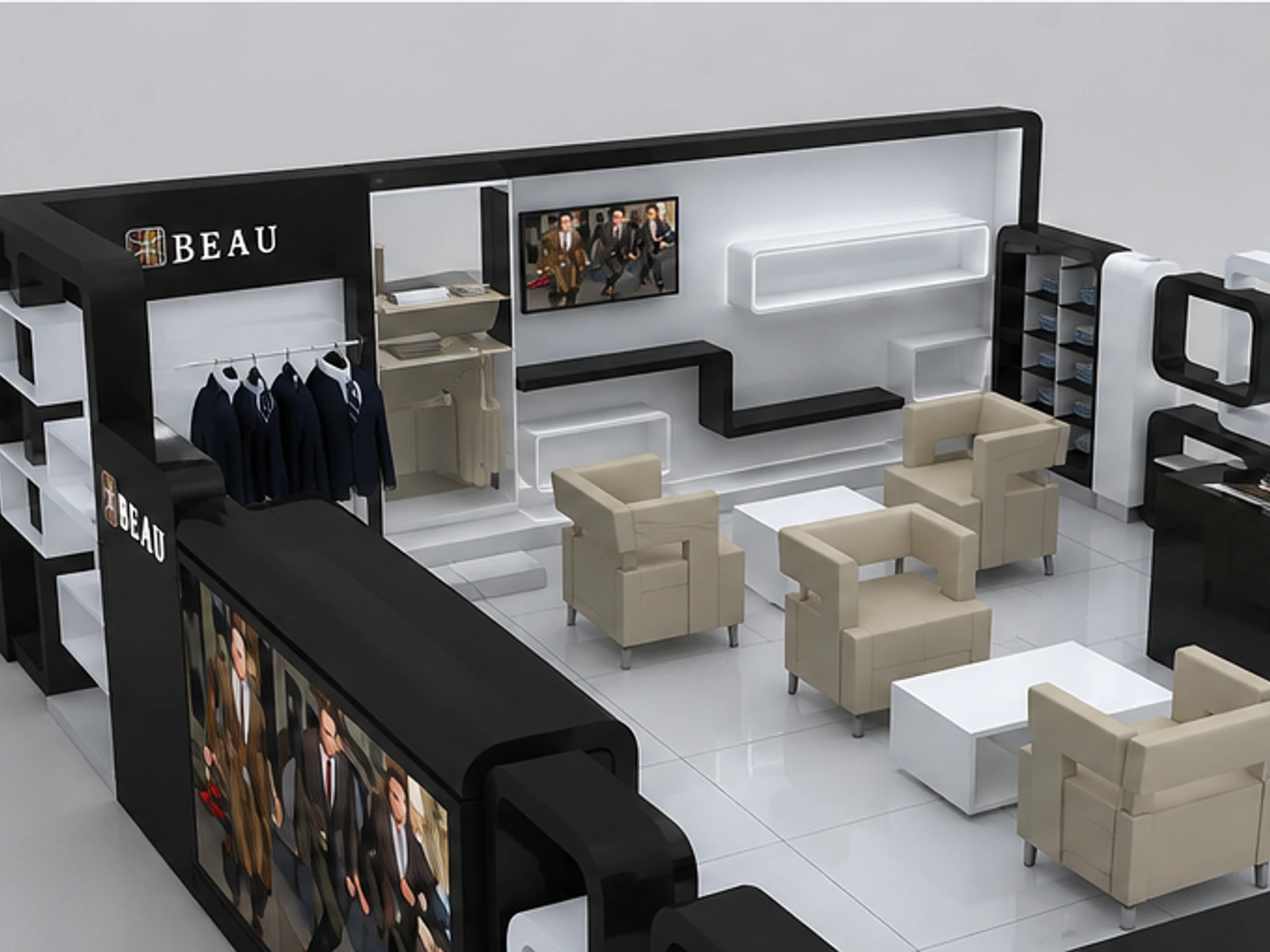 Black and White Men's Clothing Store in the Mall | Custom Retail Suit Cabinet Wooden Display Rack for Sale garment rails and shelving view