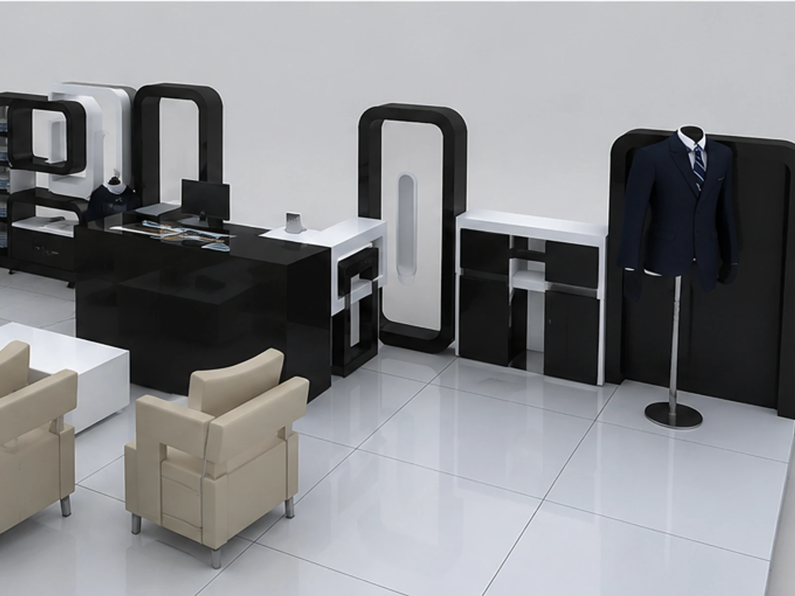 Black and White Men's Clothing Store in the Mall | Custom Retail Suit Cabinet Wooden Display Rack for Sale staff storage and checkout detail