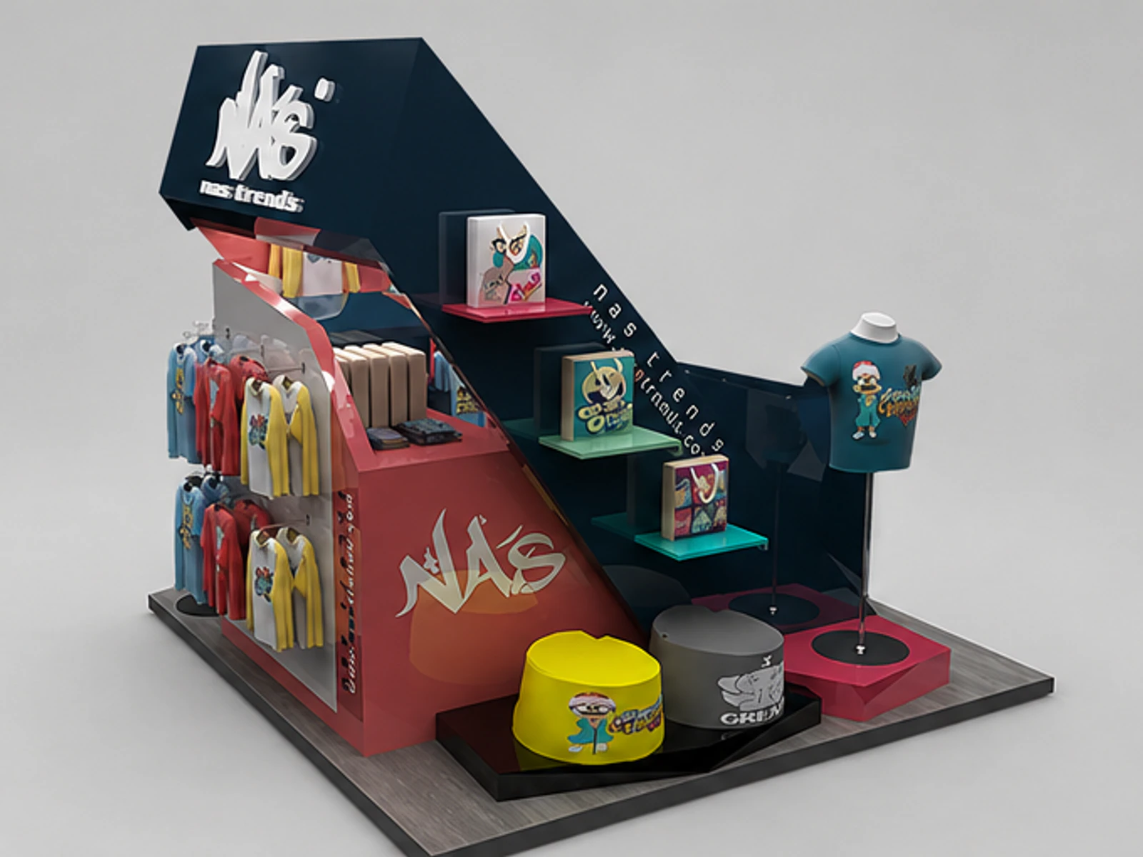 Children's wear display stand | cartoon style clothing kiosk main mall-facing view