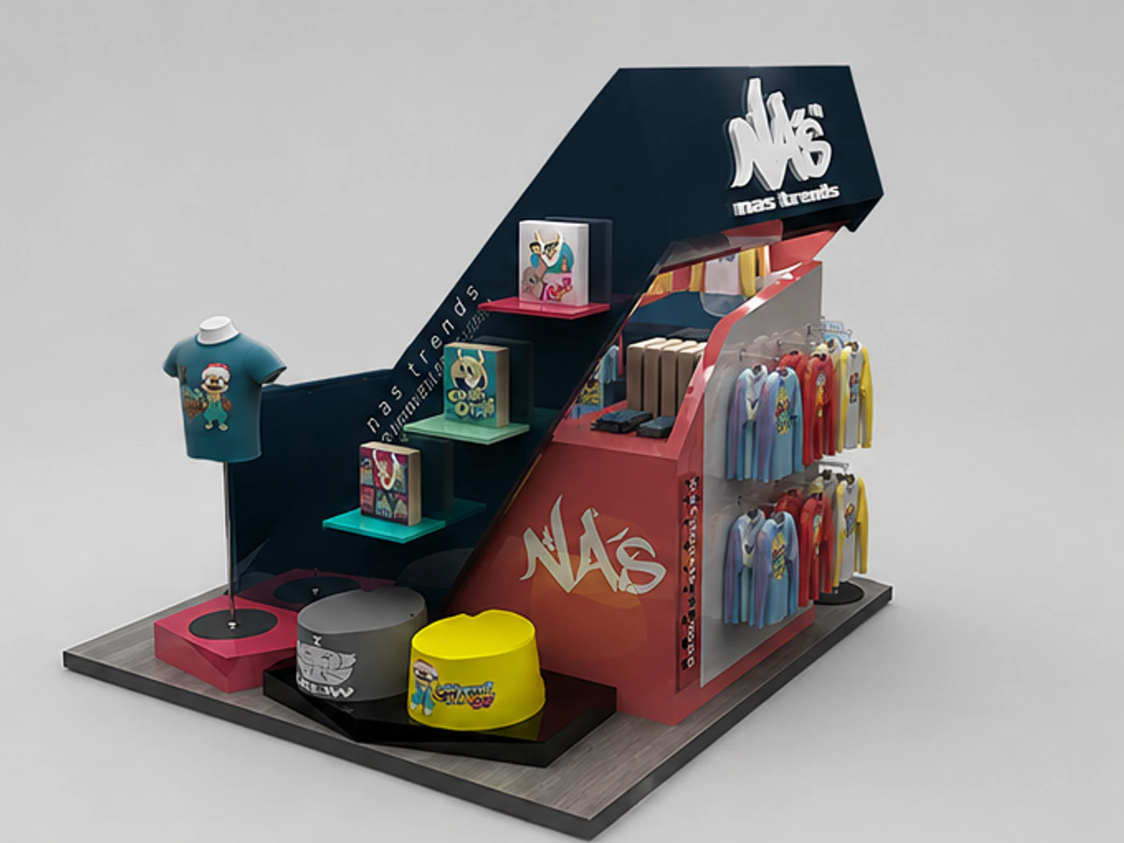 Children's wear display stand | cartoon style clothing kiosk angled clothing display view