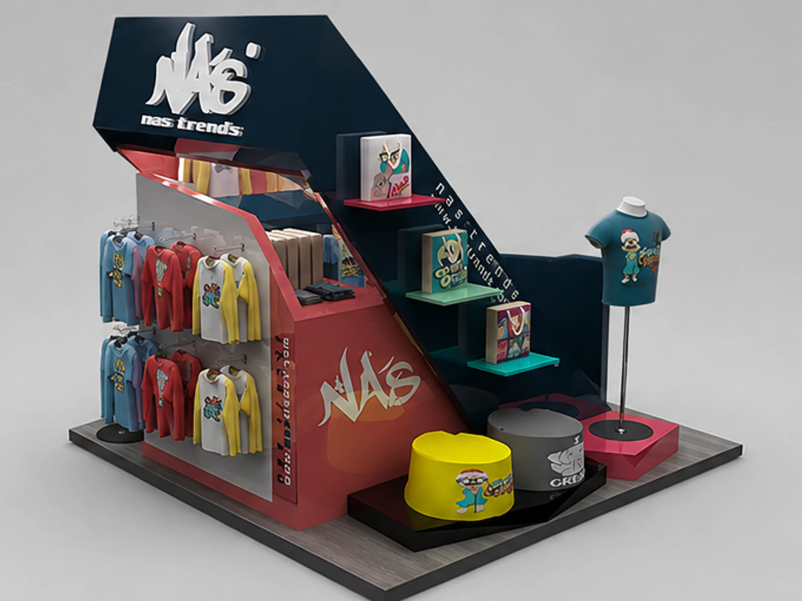 Children's wear display stand | cartoon style clothing kiosk garment rails and shelving view
