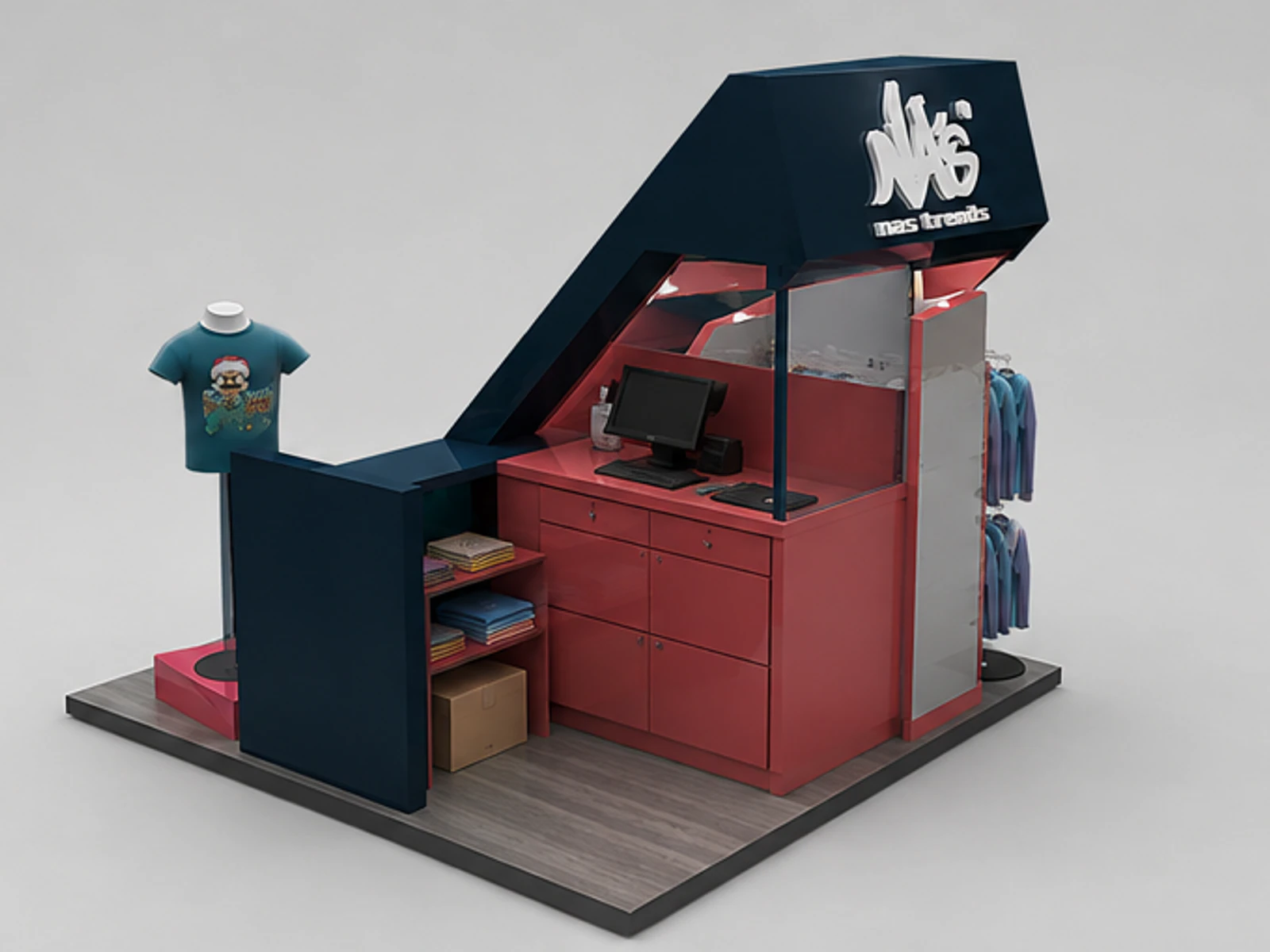 Children's wear display stand | cartoon style clothing kiosk staff storage and checkout detail