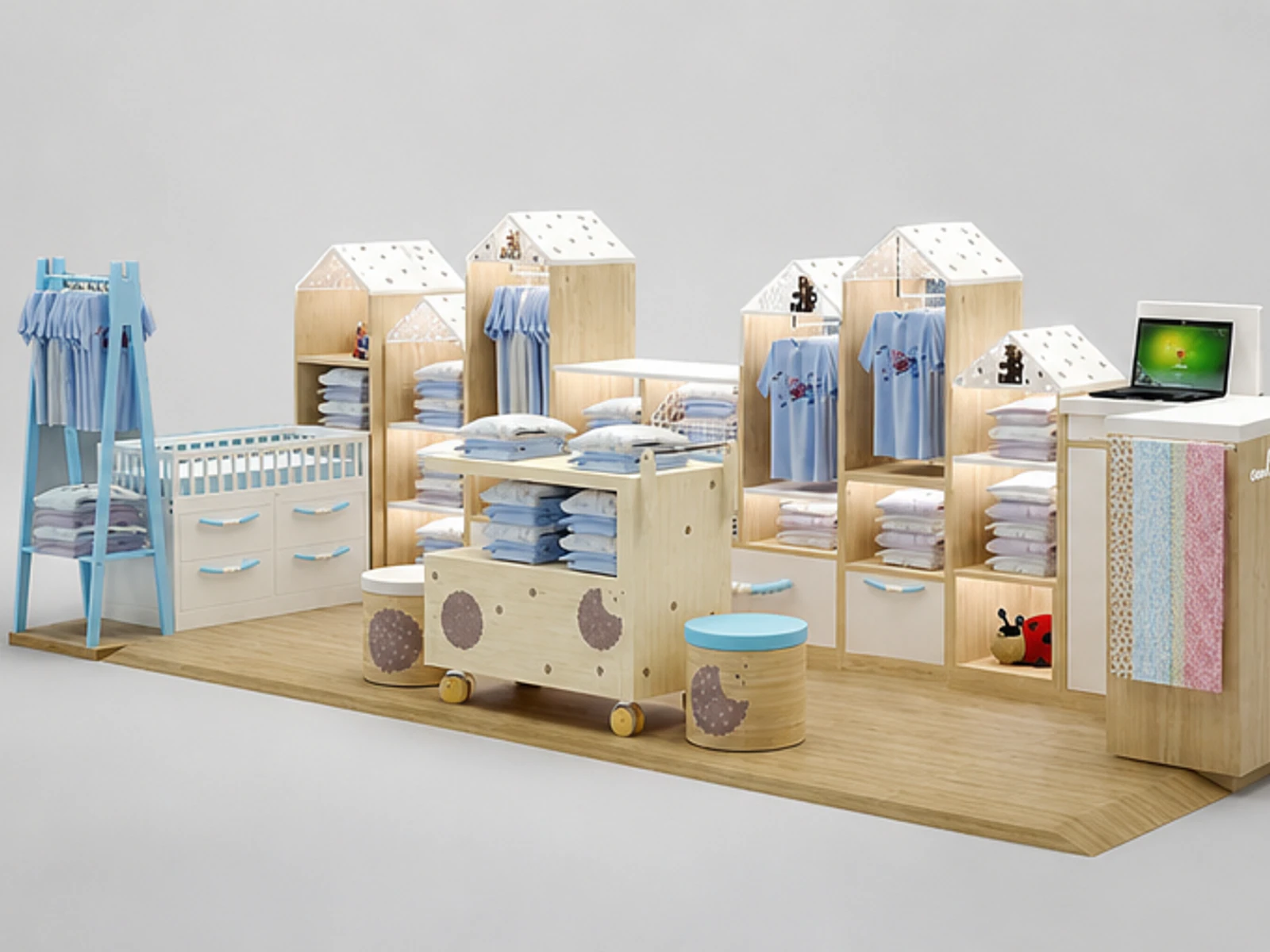 Clothes display stand in the mall | wooden shelves for T-shirt display main mall-facing view