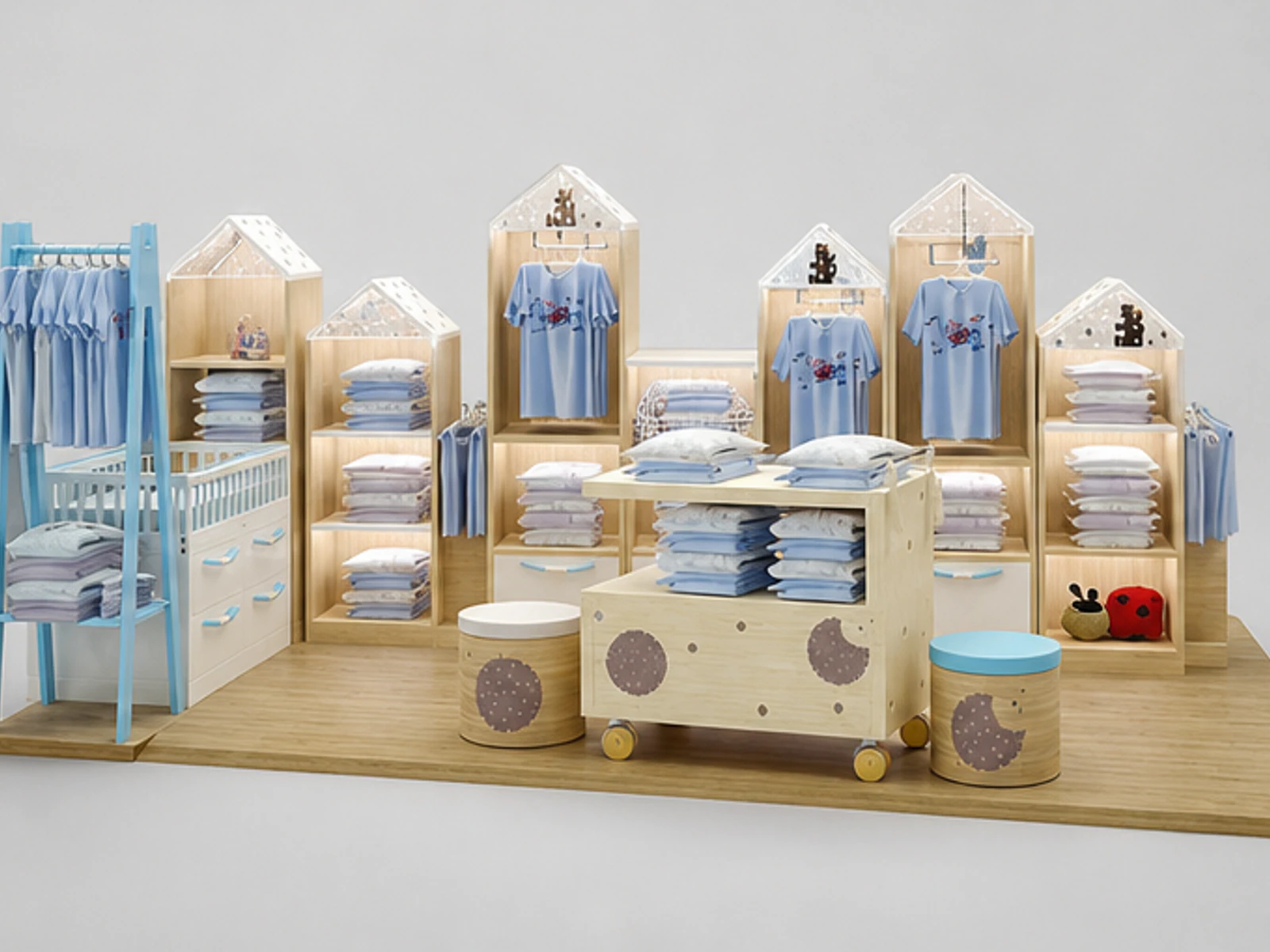 Clothes display stand in the mall | wooden shelves for T-shirt display garment rails and shelving view