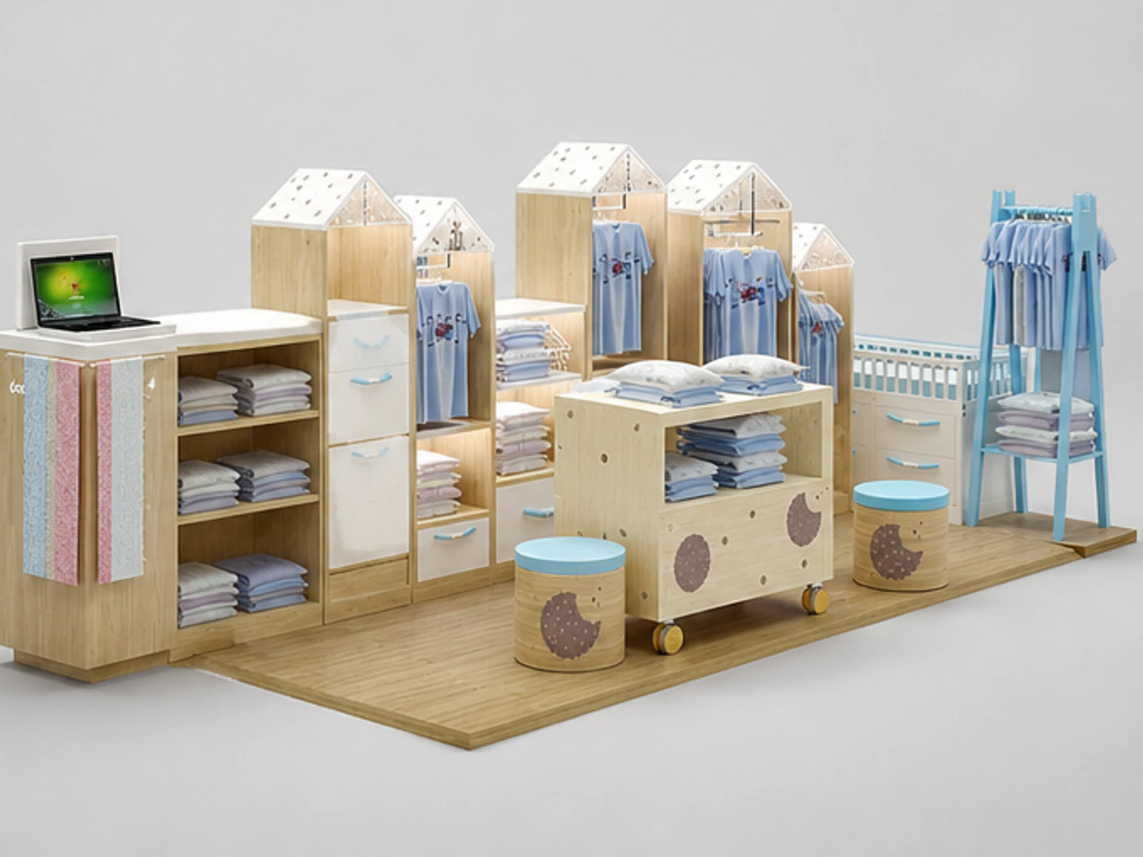 Clothes display stand in the mall | wooden shelves for T-shirt display staff storage and checkout detail