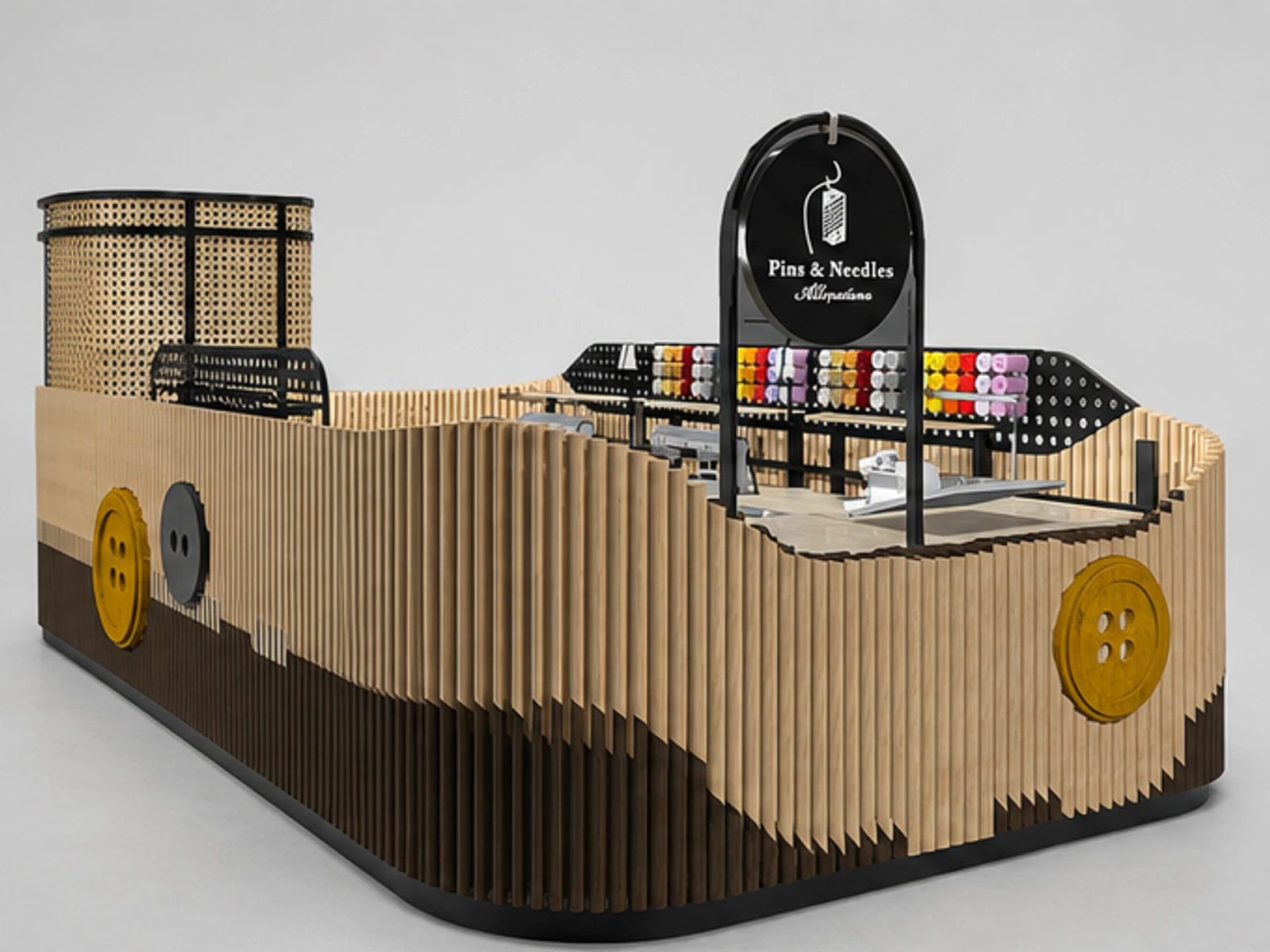 Clothing alterations service kiosk | wooden style mall clothes stand main mall-facing view
