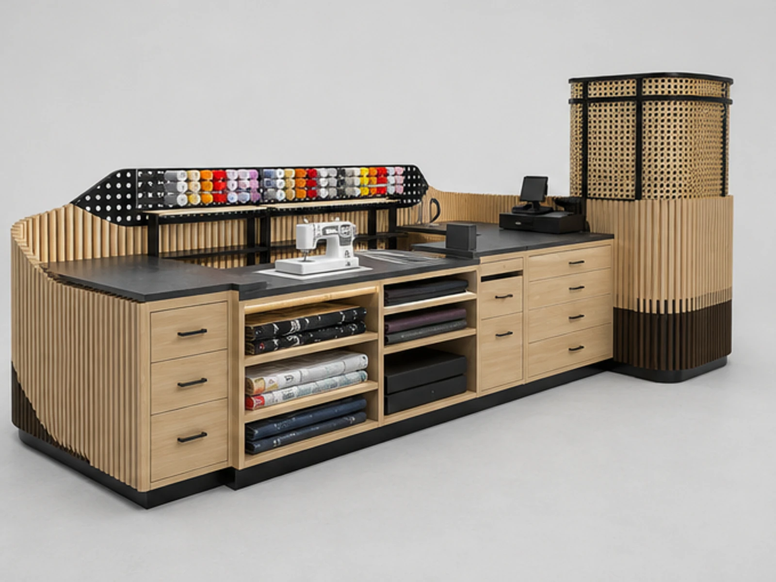 Clothing alterations service kiosk | wooden style mall clothes stand staff storage and checkout detail