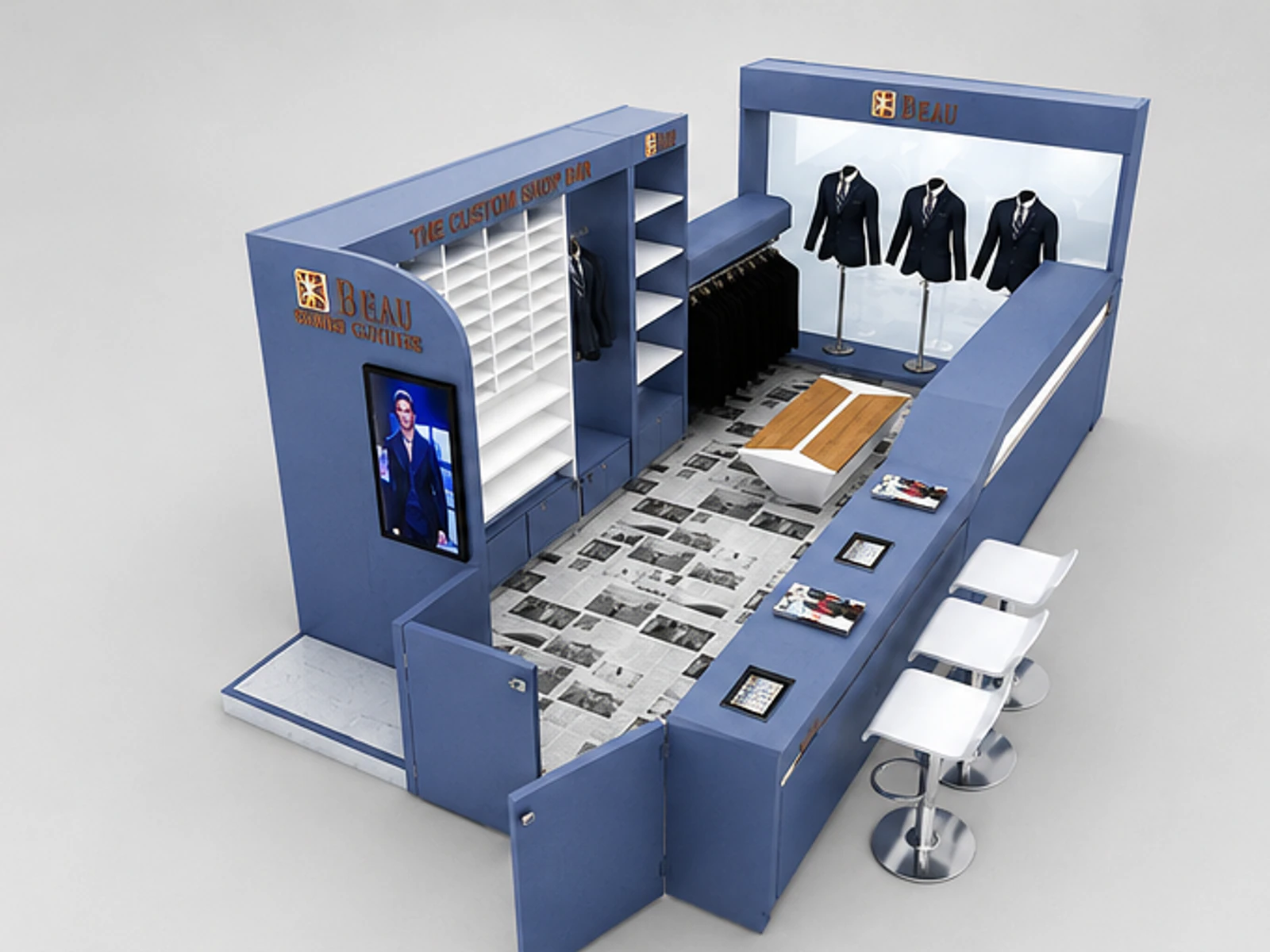 Clothing display racks in the mall | custom clothes retail kiosk for sale main mall-facing view