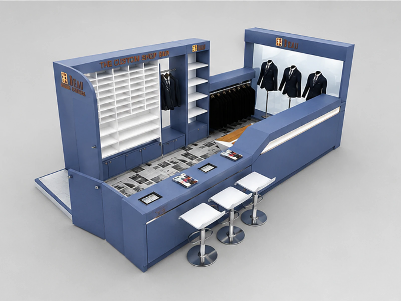 Clothing display racks in the mall | custom clothes retail kiosk for sale angled clothing display view