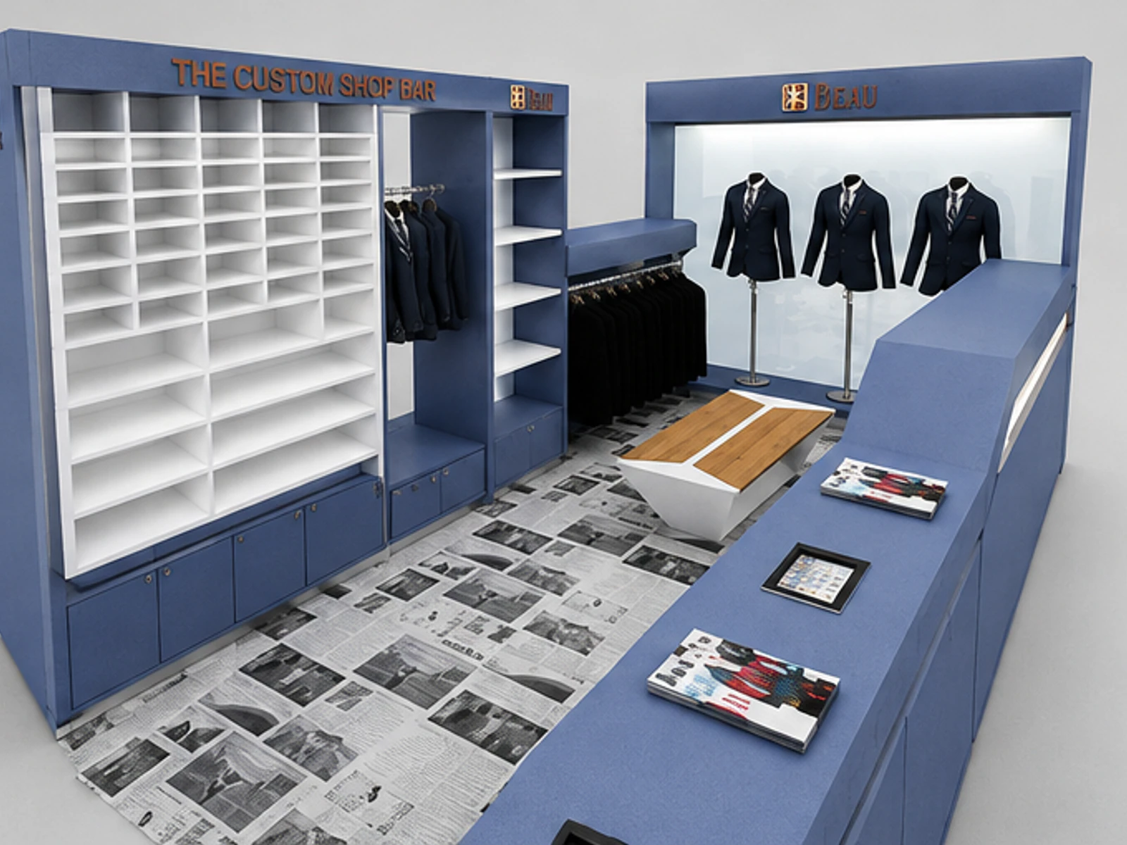 Clothing display racks in the mall | custom clothes retail kiosk for sale garment rails and shelving view